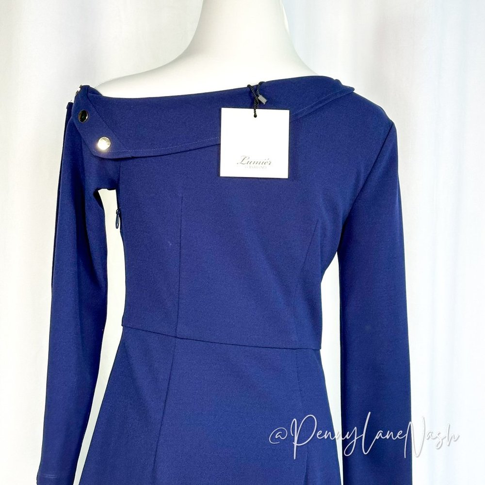 NWT Lumier by Bariano Asymmetric Gold Button Cocktail Dress Navy - Picture 7 of 12